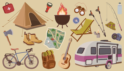 Outing equipment. Summer vacation items. Tourism concept. Hiking and camping collection.