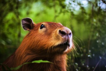 Peaceful capybara with wet reddish-brown fur and munching on foliage. Generative AI