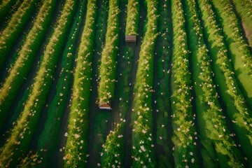 Beautiful land with honey bee hives and flowers and rows of beans - AI Generative