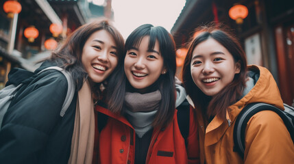 仲良し3人組の若い日本人女性が秋の京都を旅行している - obrazy, fototapety, plakaty