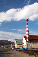 A landscape of The factory chimney in Otaru city, Hokkaido, Japan. Picture for use in illustrations Background image or copy space