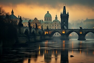 Prague's enchanting Charles Bridge in a foggy, mystical morning. Generative AI - obrazy, fototapety, plakaty