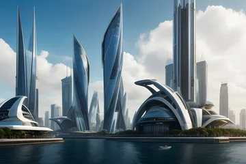 Fotobehang Future city harbour bridge Generative AI © sayne