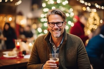 Portrait of handsome man with glass of whiskey at christmas market