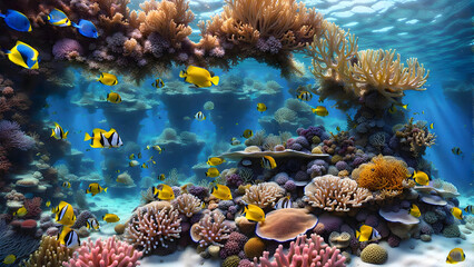 Naklejka na ściany i meble Seafloor illustration group of fish swimming around a coral reef