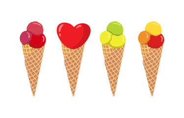 Set of ice cream cones. Heart and bubble shapes.