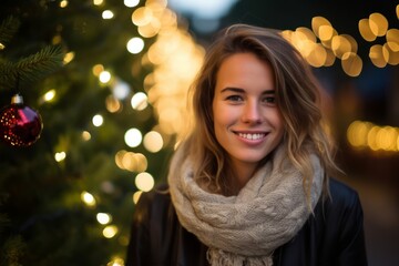 Portrait of beautiful young woman with Christmas tree in the background.