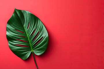 Green tropical leaf on a red background with copy space