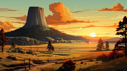 Deurstickers Scenic view of Devils Tower in Wyoming during sunrise in landscape comic style. Digital illustration generative AI. © Tepsarit