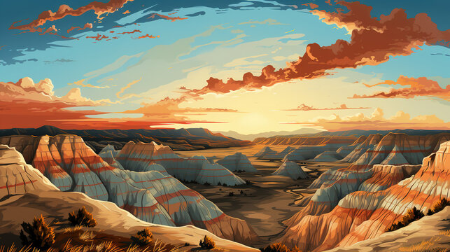 Scenic view of Badlands National Park in South Dakota during sunrise in landscape comic style. Digital illustration generative AI.