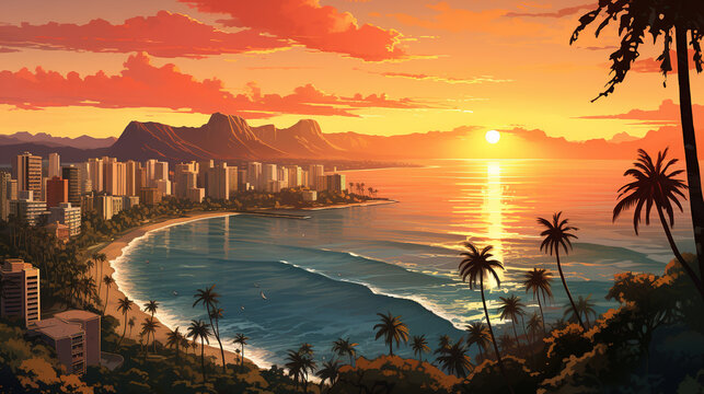 Scenic view of Waikiki in Hawaii during sunrise in landscape comic style. Digital illustration generative AI.