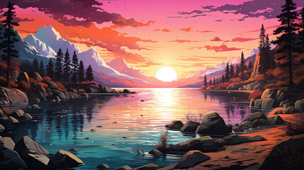 Scenic view of Lake Tahoe during sunrise or sunset, Nevada, California, during sunrise or sunset in landscape comic style. Digital illustration generative AI. - obrazy, fototapety, plakaty