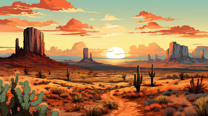Scenic view of Monument Valley, Arizona, Utah, during sunrise or sunset, in landscape comic style. Digital illustration generative AI. - obrazy, fototapety, plakaty