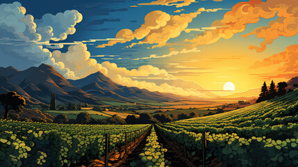 Scenic view of Napa Valley, California, during sunrise or sunset, in landscape comic style. Digital illustration generative AI. - obrazy, fototapety, plakaty