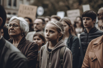 Obraz premium group of people protesting, girl with blonde hair in the front, looking hopeless