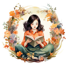 Watercolor illustration of beautiful girl reading a book in floral circle frame isolated on white background. Digital illustration generative AI.