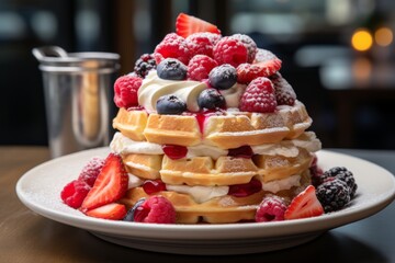 Photo of a delicious stack of waffles with a generous serving of fresh berries and fluffy whipped cream on top created with Generative AI technology