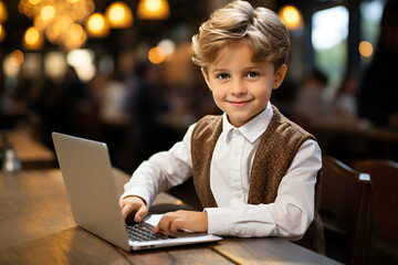 The boy using laptop at home , sitting at table. - obrazy, fototapety, plakaty