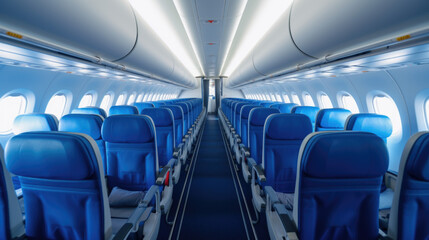 Fototapeta premium Modern Airplane seats in perspective. Transportation concept. Aircraft's corridor interior in modern tones.