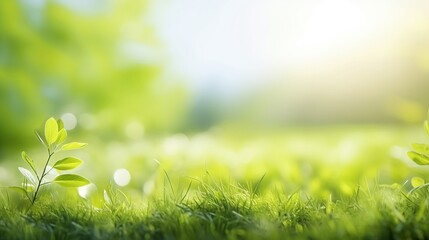Spring summer background with frame of grass and leaves on nature. Juicy lush green grass on meadow in morning sunny light outdoors, copy space, soft focus, defocus background. - obrazy, fototapety, plakaty