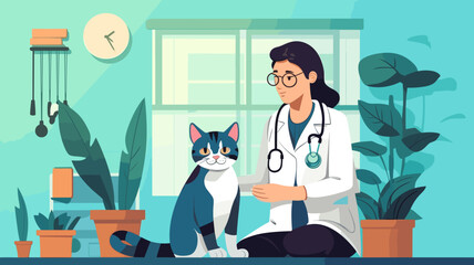copy space, vector illustration, Veterinary care and facilities, veterinary taking care of an sick cat. Healthcare for animals. Veterinary trying to cure a sick cat. Medical healthcare for pets.