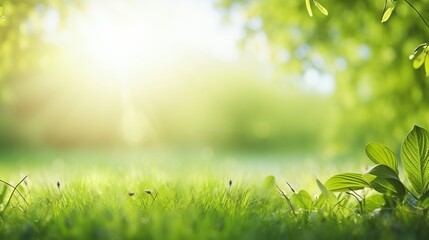 Spring summer background with frame of grass and leaves on nature. Juicy lush green grass on meadow in morning sunny light outdoors, copy space, soft focus, defocus background.