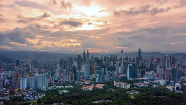 Morning view of Kuala Lumpur, Malaysia and sunrise sky, aerial view from drone camera.