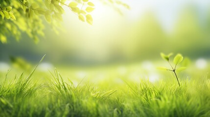 Spring summer background with frame of grass and leaves on nature. Juicy lush green grass on meadow in morning sunny light outdoors, copy space, soft focus, defocus background.