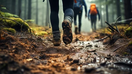 Zelfklevend Fotobehang A Rainy Day Trek through the Forest's Muddy Mosaics with boots. Generative AI © Gasspoll