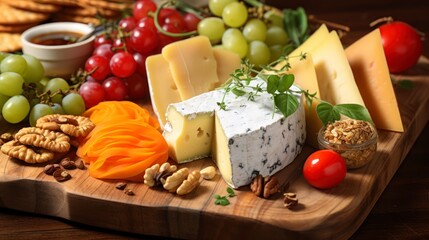 Cheese board - various types of cheese composition. Preparing healthy food. Generative AI