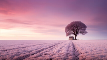 petite maison isolée au milieu des champs gelés en hiver - obrazy, fototapety, plakaty