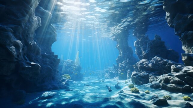 Submerged Splendor. The Radiance of Sunlit Stalactites in Pristine Waters. Generative AI