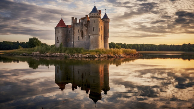 ch&acirc;teau m&eacute;di&eacute;val au bord d'une rivi&egrave;re