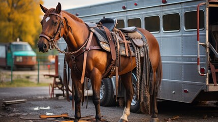 Equestrian Elegance. From Trailer to Trail, a Saddle Awaits. Generative AI - obrazy, fototapety, plakaty