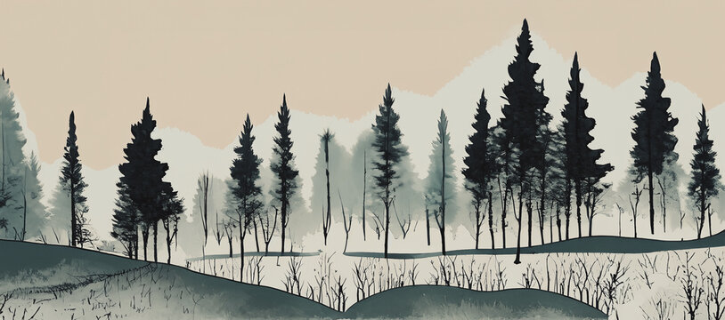 illustrazione, stampa, di paesaggio con veduta di foresta nella stagione invernale, inchiostro e colori ad acqua