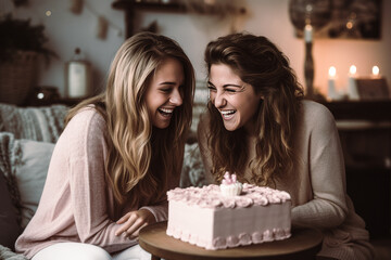Charming surprise birthday scene between a lesbian couple in cozy home setting.