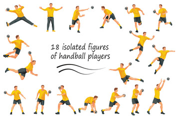 Set of 18 vector isolated figures of handball players and goalkeepers in yellow sports t-shirts jumping, running, catching the ball, standing