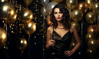 Beautiful sexy woman with brown dark long curly hair, black elegant dress, holding a glass of Champagne at New Year party, golden ballons and holiday lights background