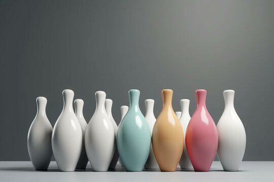 Group of bowling pins on gray background. 3D rendering. Front view with perspective. Generative AI