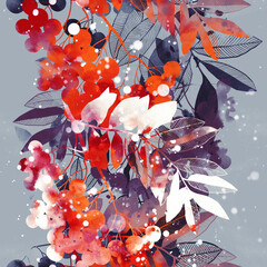 Winter bouquet: berries and leaves endless motif. Digital art and watercolour, ink texture. Seamless pattern for packaging, scrapbooking, textile. Modern art-deco.  - 658251123