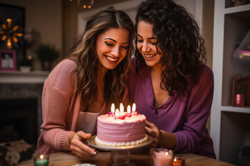 Touching scene of a woman surprising her girlfriend with a birthday cake in their cozy living room.