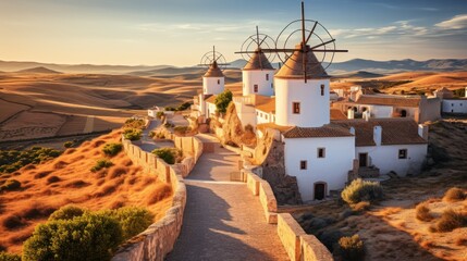 Obraz premium Aerial view of traditional medieval spanish windmills in Consuegra at sunset. Generative AI