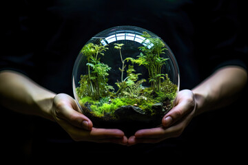 Green Thumb: Hands Holding Fresh Plants in Glass Bowl.