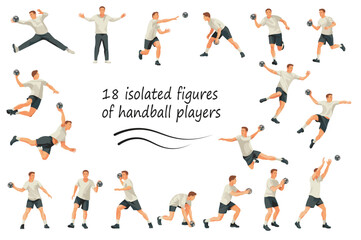Set of 18 vector isolated figures of handball players and keepers team jumping, running, standing in goal in white uniforms