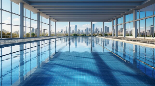 Close-up View Of Swimming Pool With Cityscape Through The Window. Generative AI