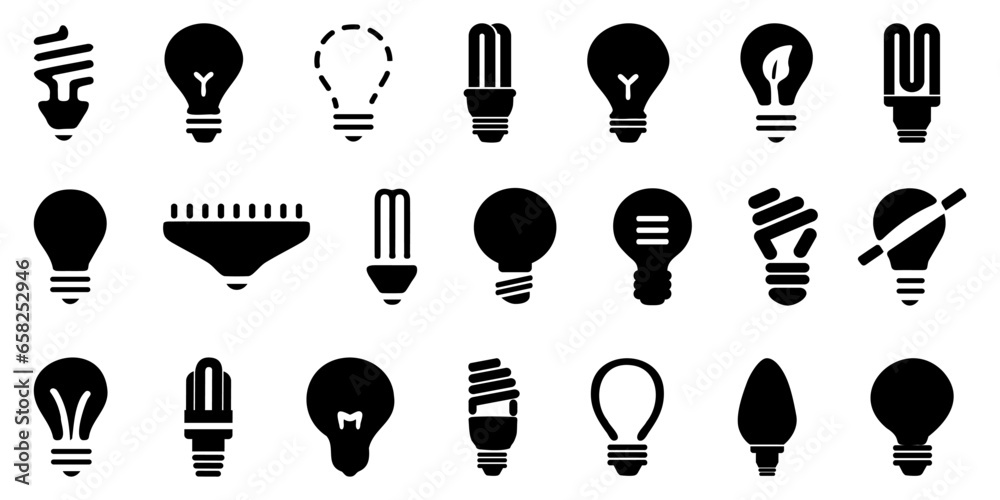 Poster light bulb icons. set of different lightbulb icons. simple light bulb signs. black lightbulb icons