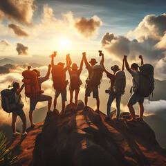 Together, a Group Team of Precision People Climbers Scaling the Summit Mountaintop Hilltop Celebrating Teamwork Success, Business Victory, Triumph, Adventure, & Achievement Concept Motivational Poster - obrazy, fototapety, plakaty