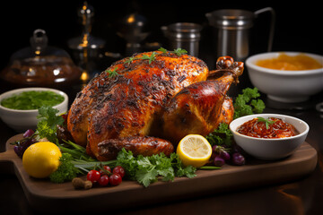 Roasted Thanksgiving Turkey. A golden-brown, perfectly roasted turkey placed on a carving board, ready to be served. The turkey is garnished with fresh herbs.