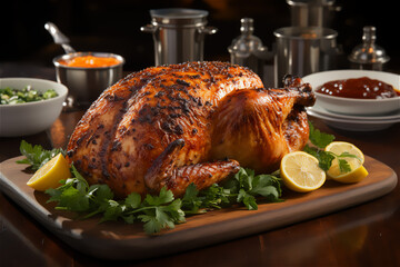 Roasted Thanksgiving Turkey. A golden-brown, perfectly roasted turkey placed on a carving board, ready to be served. The turkey is garnished with fresh herbs.