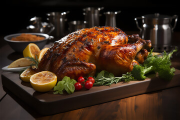 Roasted Thanksgiving Turkey. A golden-brown, perfectly roasted turkey placed on a carving board, ready to be served. The turkey is garnished with fresh herbs.